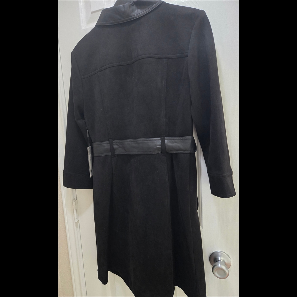 Karl Lagerfeld Black Trench Belted Faux Leather Trim Midi Shirt Dress Size 8 NWT - Picture 6 of 13